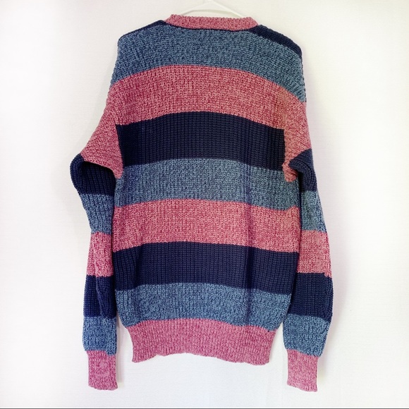 Vintage Blue Red Crewneck Cable Knit Sweater L - Picture 5 of 6
